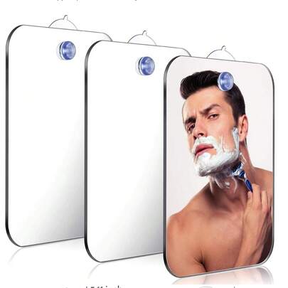1个带挂钩的防雾亚克力浴室镜，抛光镜面，可壁挂，塑料边框，适合男士剃须，使用前请撕掉保护膜。