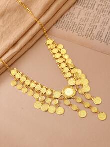 1件24K镀金中东斋月硬币流苏项链，多层浮雕圆形吊坠 - 金黃色 - 查看 2