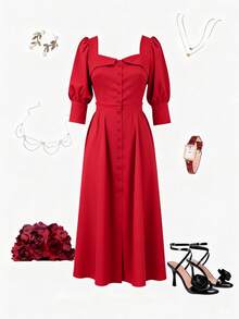 红色编织中长连衣裙 – 方领、泡泡袖、纽扣前襟、交叉露背设计、收腰A字裙摆 – 轻盈透气面料，完美适用于约会之夜、鸡尾酒会和复古主题活动 – 魅力四射、优雅迷人、永不过时 - 紅色 - 查看 8