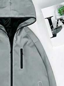 Men's Outdoor Jacket With Reflective Details, Hooded Zip-Up, Loose Fit, Made Of Comfortable Fabric, Suitable For Night Outings, Hiking, Fishing, Running, Sports And Outdoor Adventures - Grey - View 7