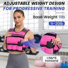 Chaleco con peso ajustable para mujeres y hombres, 4-10 libras/12-20 libras/20-32 libras con 6 pesos de arena de hierro, chaleco de peso corporal con tira reflectante para correr, caminar - Rosa - Ver 8