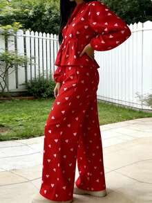 Women Spring Heart Outfit Long Sleeve V Neck Ruffled Tops And Straight Pants 2 Piece Casual Set - Red - View 3