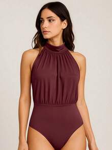 Women's Bodysuit With A High Neck, Blogger-Style, Cool And Elegant. - 紅木色 - 查看 1