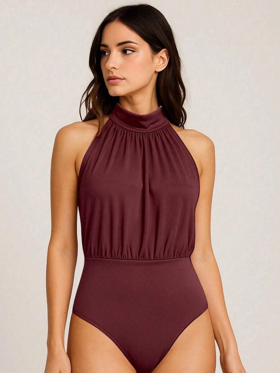Women's Bodysuit With A High Neck, Blogger-Style, Cool And Elegant. - 紅木色 - 查看 1