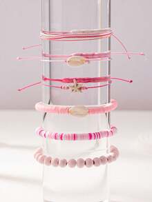 Set de 6 piezas de pulseras bohemias con cuentas, rodajas de silicona de colores, estrellas de mar y conchas de color turquesa rosa para mujeres - Multicolor - Ver 3