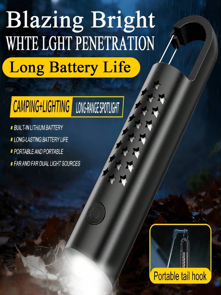Multifunktionale Outdoor EDC Taschenlampe und Campinglaterne, einstellbarer Fokus super helles weißes Licht und COB Seitenlicht, USB aufladbare ABS Taschenlampe mit Haken für Camping, Wandern, Notfälle - Schwarz - Übersicht 1