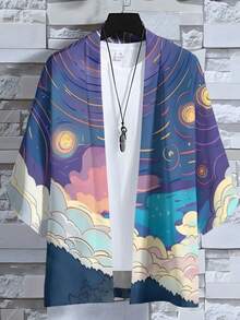 Men's New Summer Kimono Cardigan, Three-Quarter Sleeves, Loose Fit, Starry Sky Print, Artistic Feel, Suitable For Everyday Wear, Casual Commuting, And More. - Nhiều màu - Xem 4