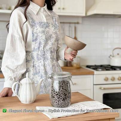 Blaue vintage Blumen Schürze für Frauen, verstellbarer Träger, wasserabweisend und ölbeständig, für Küche und Kochen Zuhause