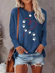 [Latest Model] Creative Letter Pattern Printed T-Shirt, Casual Crew Neck Base Shirt, Spring Summer Vacation Long Sleeve T-Shirt, Women's Sportswear, New Women's Fashion, Machine Washable - 寶藍色 - 查看 6