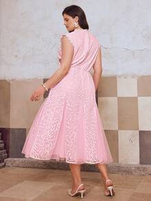 Simplee Plus Size Women's Spring/Summer New Sleeveless Mesh Embroidered Hem Splice Lace Trim Elegant Party Evening Dress, Suitable For Party, Birthday, Wedding Pink - Pink - View 5