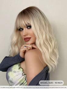 7JHH WIGS 16英寸渐变金色卷发波波头假发，女士齐肩波浪假发，带刘海，棕色发根，合成耐热纤维，美丽蓬松，适合女孩日常、派对、角色扮演、初学者生日礼物（白金色头发） - 漸變金色 - 查看 5