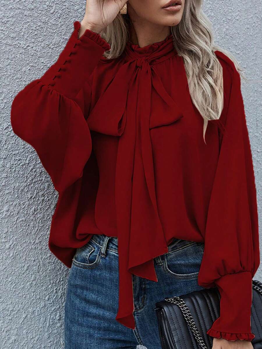 Women's Elegant Solid Color Ruffle Trim Lantern Sleeve Loose Blouse, Suitable For Daily, Office, Commuting Wear - Red - View 1