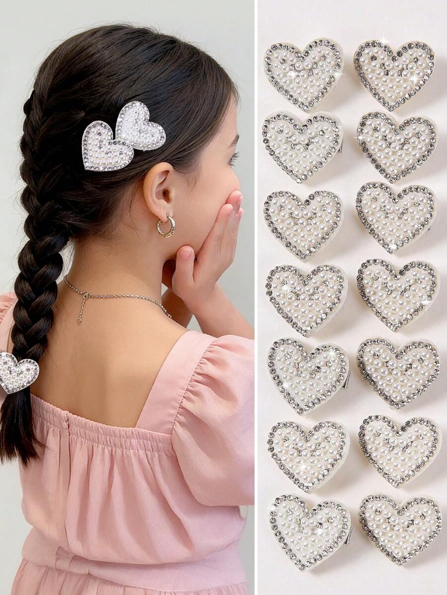5件套 女孩/青少年白色水晶爱心珍珠装饰公主发夹，发饰，刘海夹，适合日常佩戴，情人节适用 - 查看 1