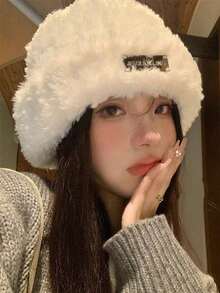 1pc Plush Women's Hat, Korean Style Loose Fit Big Head Circumference Knit Warm Ear Protection Hat, Autumn/Winter Fashionable - Multicolor - View 4