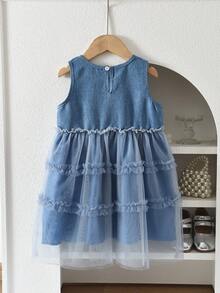 bearleader Đầm không tay kiểu denim mùa hè, phù hợp cho bé gái 3-7 tuổi, đầm công chúa ren phối màu tương phản thời trang. - Màu xanh lam - Xem 2