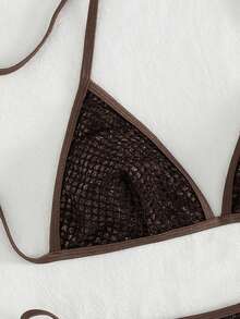 新款女士渔网比基尼套装，性感系带闪亮泳衣，沙滩装 - 棕色 - 查看 6