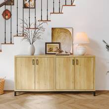 Comanlai Mobile da cucina 160x35x80cm con 4 ante, credenza, mobile vintage con quattro ante in effetto legno naturale, mobile da pranzo in stile industriale, mobile multifunzionale, ampio spazio di archiviazione. - Castano - Visualizzare 1