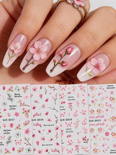 4 Stücke Frühlings-romantische Kirschblüten Nail Art Aufkleber, Dopamin, einfaches, süßes Stil Design, 3D Aufkleber, Ostern, Musikfestival, Hochzeitssaison, Karneval, Thema, einfach anzubringen Nageldekoration, DIY, Urlaubsgeschenk, Y2K Nagelbedarf