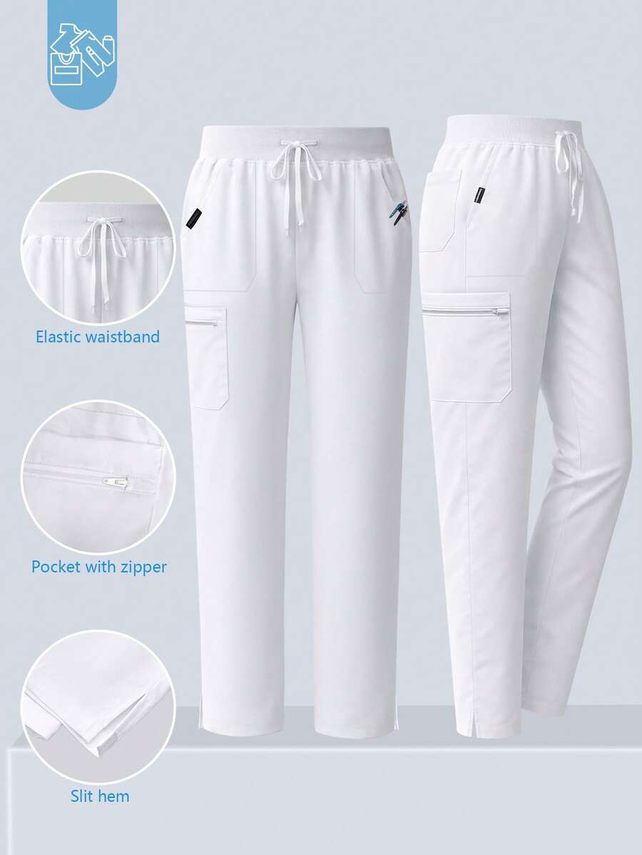 cimmuovere Pantalon droit à poche de couleur unie pour femmes grandes tailles. Tenue de travail pour infirmière, dentiste, soins de santé, animalerie, laboratoire. Blanc, printemps - Blanc - Voir 1