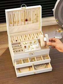 Hộp đựng trang sức 3 tầng dung tích lớn, hình thoi, có khóa, hộp trang trí phòng ngủ để đựng nhẫn, bông tai, dây chuyền, vòng tay, chống bụi và chống oxy hóa, chất liệu da PU, quà tặng cho bạn gái, mẹ, quà tựu trường. - Nhiều màu - Xem 6