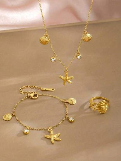 Set de 3 piezas Collar, Pulsera y 7 Anillos de Acero Inoxidable con Decoración de Estrella de Mar, Estrella de Cinco Puntas y Concha para Niñas, Ideal para Fiestas de Playa, Vacaciones y Uso Diario