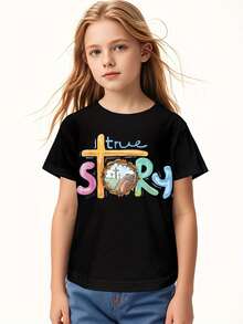 Children's Christian He Is Risen T-Shirt - True Story Cross And Resurrection Design, Comfortable Casual Round Neck Short Sleeve Easter Church Clothing, Christian Faith Clothing, Suitable For Boys And Girls, Spring Summer Autumn Church Activities And Casual Wear, Geometric Pattern And Cross Graphic, Breathable Fabric, Suitable For Regular Style For Activities And Games, Suitable For Easter Celebrations And Christian Gatherings, Boys' T-Shirt, Boys' Old Clothes, Back To School, Boys/Church Shirt, Toddler Boys' Clothing - 彩色 - 查看 5