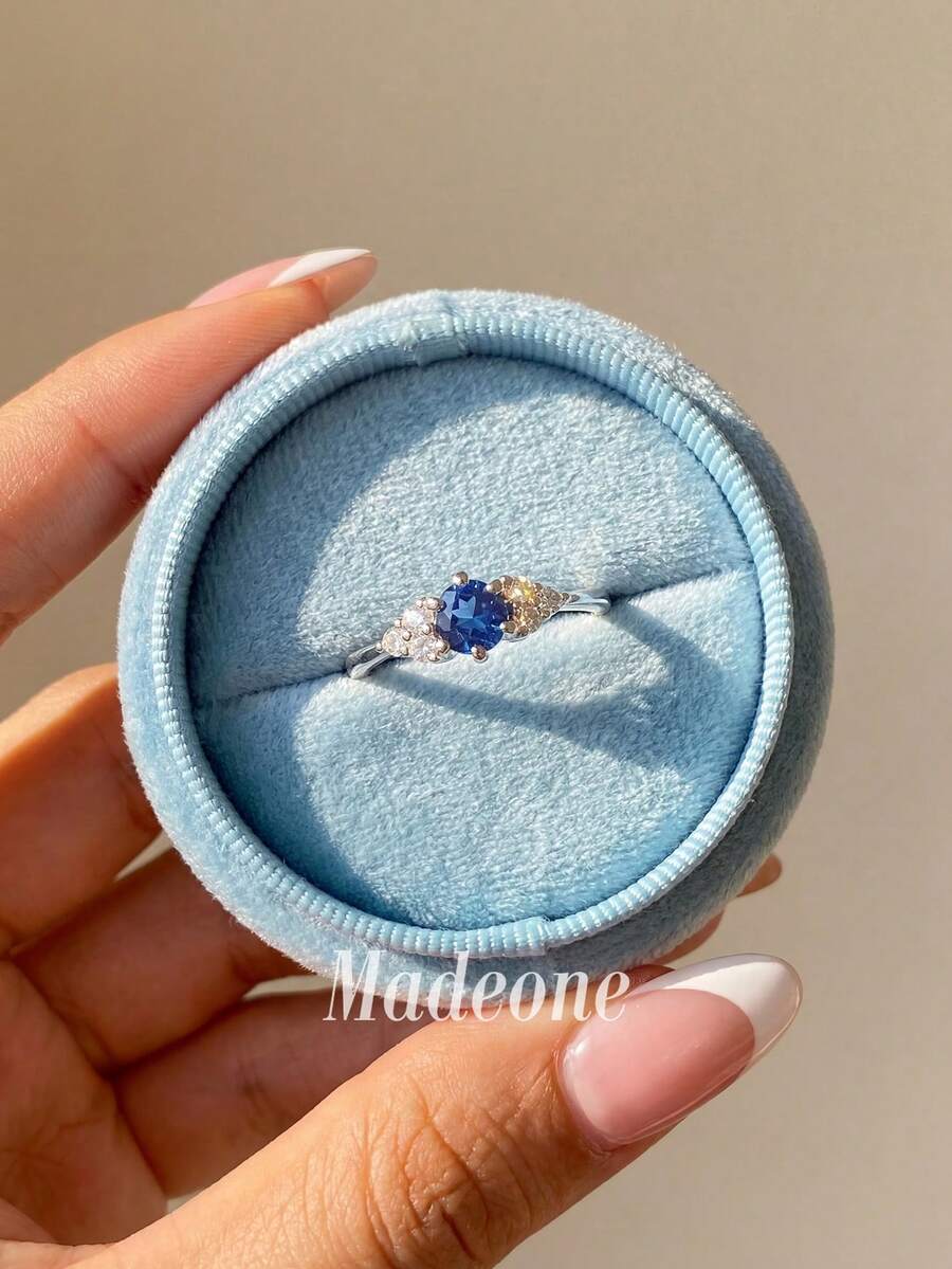 Stylever 1pc 925 Sterling Silver Luxury Fashion Minimalist Jewelry Set, Navy Blue Zirconia Ring, Suitable For Women's Daily Commute Decoration, Party Accessories, High-Quality Ladies Ring, Exquisite Jewelry Gift - Silver - View 1