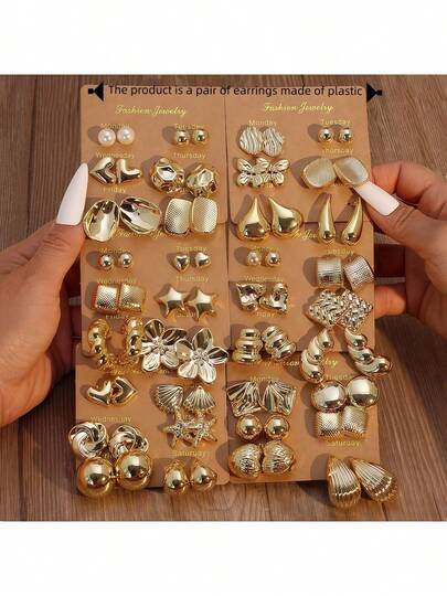 6 Pairs Minimalist Gold CCB Resin Fashion Earrings Set, Suitable For Daily Wear