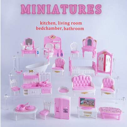 11pcs/22pcs Mini Pretend Play Pink & Brown European Style Bathroom, Living Room, Bedroom Plastic Doll House Accessories, DIY European Princess Dollhouse Toys, Photo Props, Birthday/Holiday Gift, Random Pattern Packaging May Cause Compression During Shipping