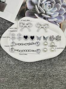 16pcs Luxury Silver Bow Resin Shoe Decorations, Punk Heart Chain, Sparkling Rhinestone, Faux Pearl Flower Shoe Clips, Suitable For Women Sandals, Slippers, Beach Shoes, Bags, Christmas, Halloween, Birthday, Party Gifts - Multicolor - View 7