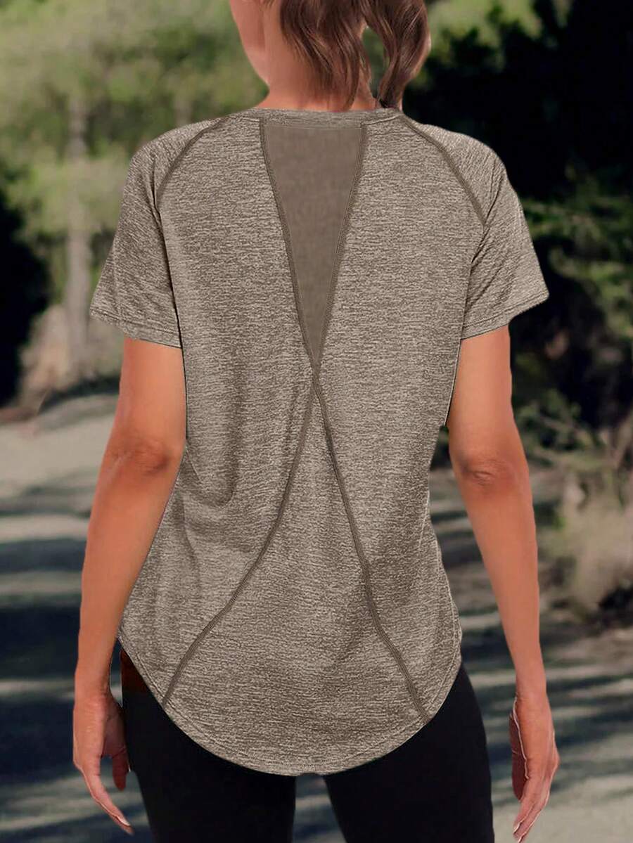 Women's Solid Color Sports T-Shirt - Round Neck, Lightweight, Short Sleeve, Elastic Polyester Blend, Suitable For Spring & Summer, Dyed Loose Basic Style, Casual Half Sleeve Blouse