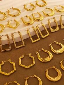 20 Pairs Random Style Simple 304 Stainless Steel Gold U-Shaped & Round Hydraulic Earrings, Suitable For Daily Wear And Parties (Random Delivery) - Multicolor - View 2