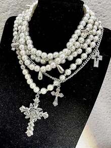 Layered Pearl Necklace Gothic Cross Pearl Stacked Necklace For Women - White - View 2