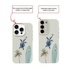 1pc TPU Material Refreshing Blue Striped Sea Turtle & Palm Tree Surfboard Pattern Phone Case Compatible With IPhone 17 Pro Max/17/16 Pro Max/15/13/12/11, S20 FE/A15/S24/A55, Compatible With Redmi Note 11/12/13 Pro, Full Coverage Anti-Drop Soft Protective Cover,International Version, Not The Domestic Version - White - View 7