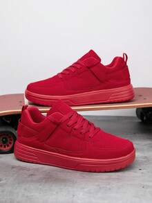 Men's Solid Red Leather Patchwork Sneakers, Classic Lace-Up Retro Casual Walking Commuting Flat Shoes - Red - View 5