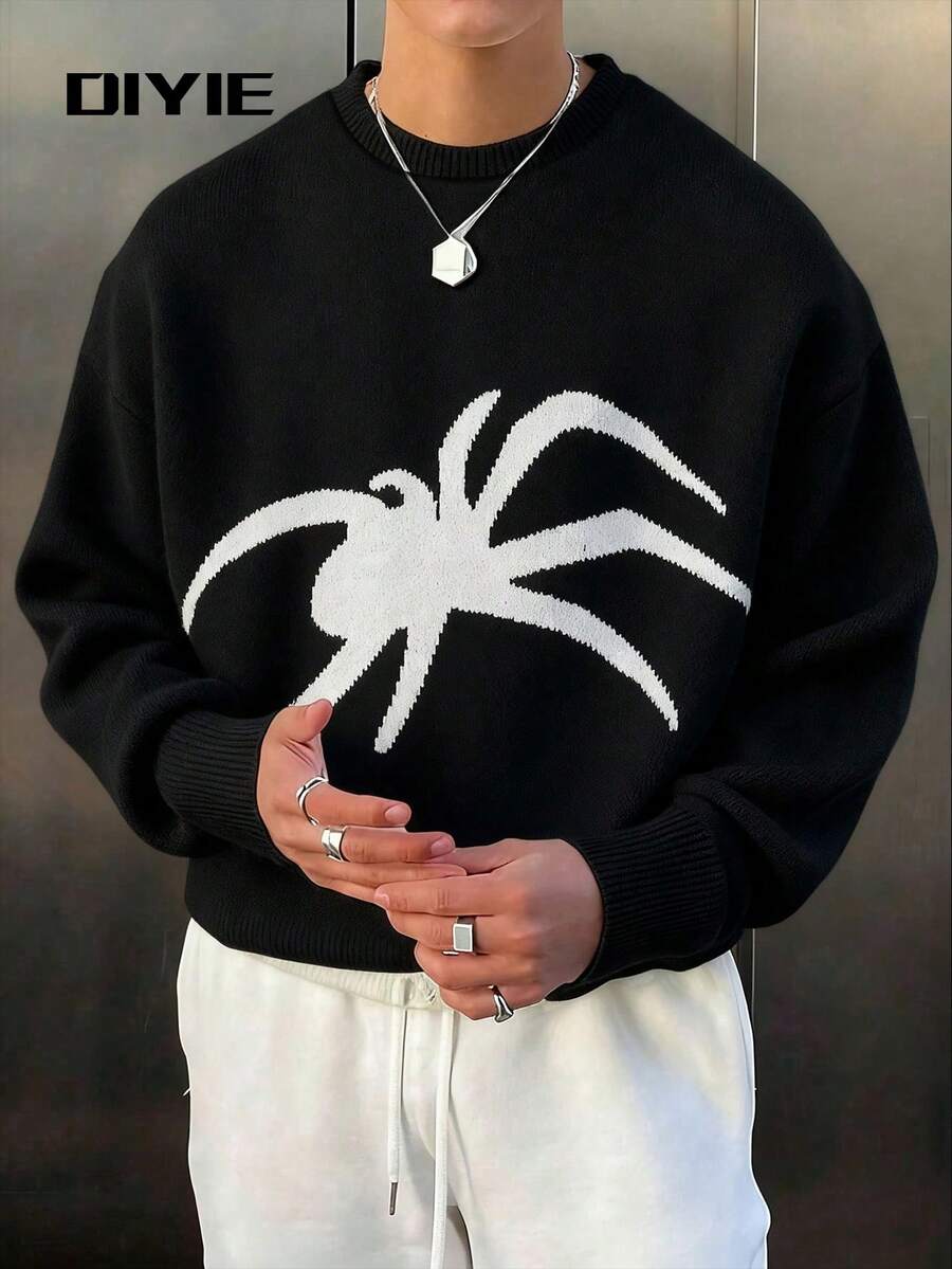 Colección de otoño/invierno DIYIE: Suéter de cuello redondo para hombre con textura cepillada de bloques de color, patrón de araña, estilo relajado, sofisticación de alta calle, tejido vintage - Negro - Ver 1