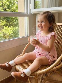 Conjunto de 2 Piezas para Niña Pequeña, Top con Cuello Cuadrado, Mangas Volantes y Estampado de Cerezas + Shorts - Rosa - Ver 4