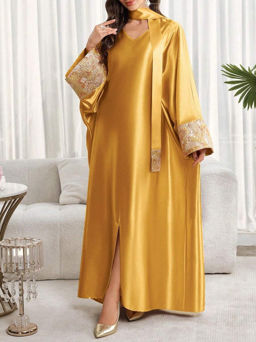 女士V领提花休闲宽松连衣裙配围巾，奢华女士阿巴雅长袍，奢华卡夫坦长袍和贾拉比亚长袍，婚礼派对礼服，夏季度假装，适合春季派对和郊游 - 金色 - 查看 1