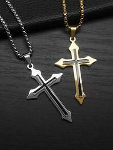 男士哥特朋克风双层3D十字架不锈钢吊坠项链 - 金色 - 查看 1