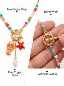 1pc Bohemian Unique & Fun Ceramic Fish, Starfish, Tassel, Faux Pearl, Turquoise Bead OT Clasp Necklace, Great Gift Choice For Friends And Family, Summer New Arrival - Multicolor - View 4