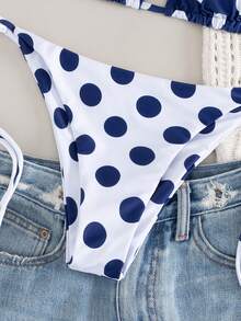 2 pièces/set Nouveau 2026 Bikini d'été pour femmes en vacances à la plage, sexy, mignon, frais, mode, avec Top à lacets et imprimé pois - Bleu azur - Voir 8
