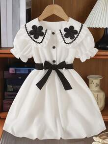 Girls' Vintage Fashion Short Puff Sleeve Ruffled Collar Floral Decor Front Button Waist Tie Casual Dress, Spring/Summer - White - View 3