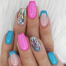 24pcs Reusable Shiny Pink Glitter Striped Matte Square False Nails With Glue, Suitable For Women & Fashionistas, Includes 1 Nail File, Y567 Orange Stripe Nail Supplies - Multicolor - View 7