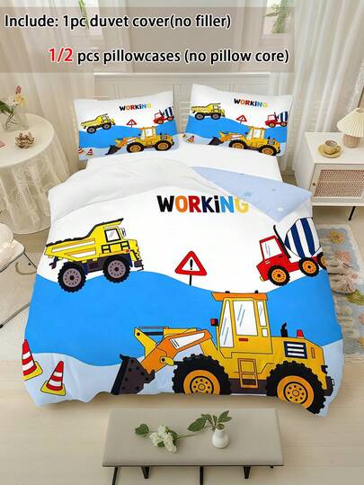 2/3件套儿童床上用品套装，工程车图案，涤纶面料，数码印花，大号双面柔软被套带拉链，适合青少年男孩女孩全年使用