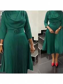 Women's Dresses 2026 New Arrival Autumn Fashion Plus Size Solid Color Pleated Dress - màu xanh lá - Xem 2