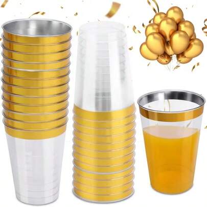 4/25/40/50只装加厚金色无柄葡萄酒杯 - 优雅光滑的派对杯，可叠放，适用于婚礼、宴会、日常使用，经久耐用。派对餐盘杯适用于婚礼、餐厅、宴会、户外团队建设、野餐、生日、性别揭晓派对、情人节、斋月、圣帕特里克节、复活节、圣诞节、新年派对等多种场合。