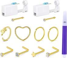 AVYRING Nose Piercing Kit - 2 Packs Silver Gold Self Piercing Gun With Nose Rings &Amp; Studs, Hypoallergenic Steel Tools At Home, Disposable Safety Nose Piercing Gun Kit Pink Cubic Zirconia Nose Ring - ColorA - 查看 1