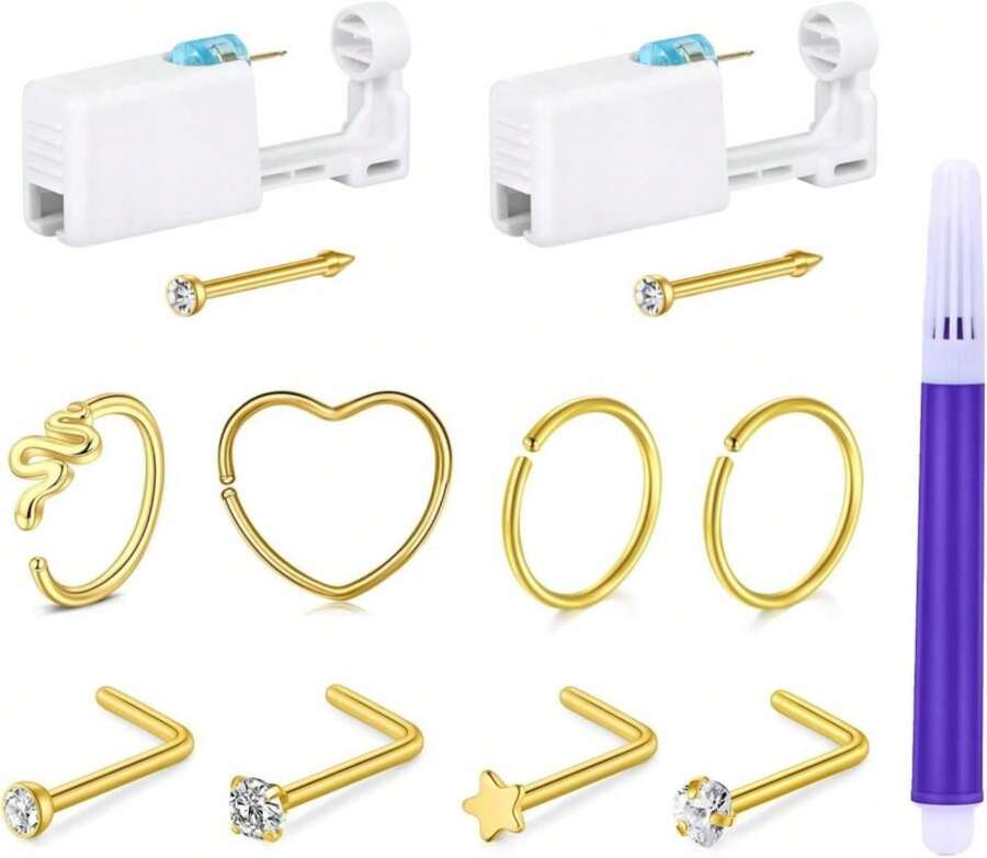 AVYRING Nose Piercing Kit - 2 Packs Silver Gold Self Piercing Gun With Nose Rings &Amp; Studs, Hypoallergenic Steel Tools At Home, Disposable Safety Nose Piercing Gun Kit Pink Cubic Zirconia Nose Ring - ColorA - 查看 1