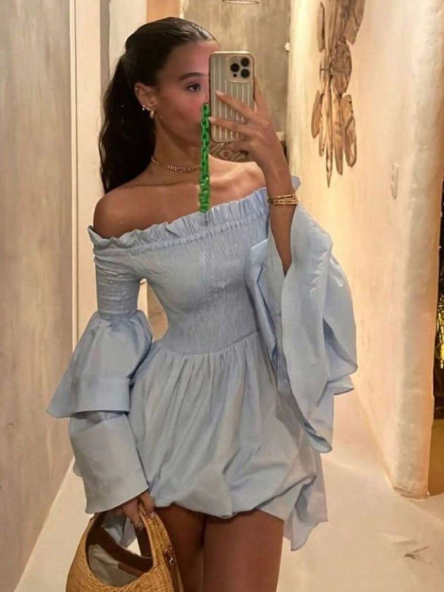 Women's Elegant Off-Shoulder Frill Trim Flare Sleeve Cinched Waist Pleated Dress, Blue, Spring/Summer - Blue - View 1