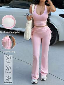 Bộ đồ thể thao 2 mảnh Ocita dành cho nữ mùa xuân/hè, màu trơn, gồm áo tank top cổ chữ V ôm sát và quần ống loe cạp cao, thích hợp cho tập thể dục, chạy bộ, thể thao ngoài trời, yoga và tập gym. - Hồng - Xem 3